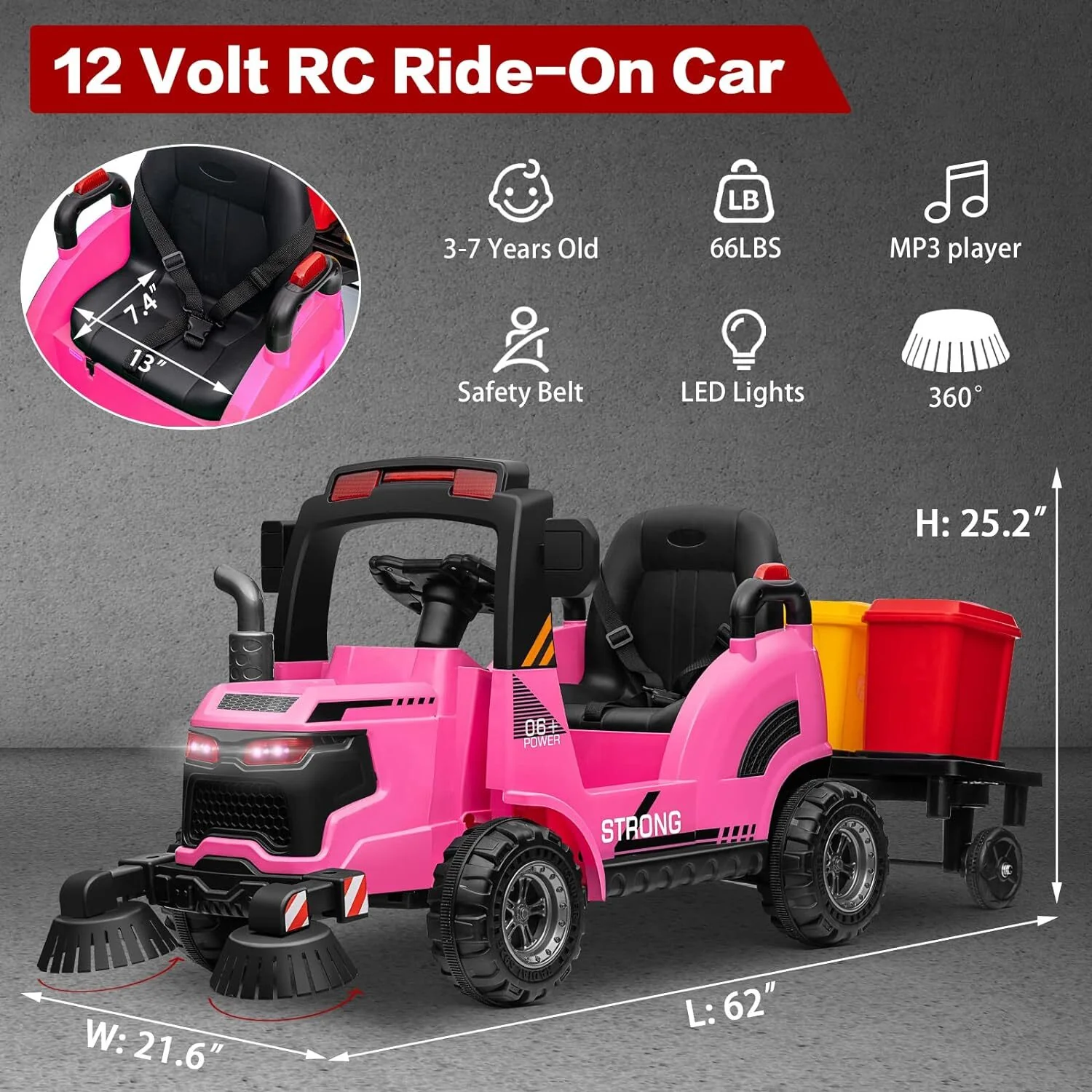 12V Kids Ride-On Construction Sweeper Truck with Trailer and Rubbish Bin Toy Car - Image 3