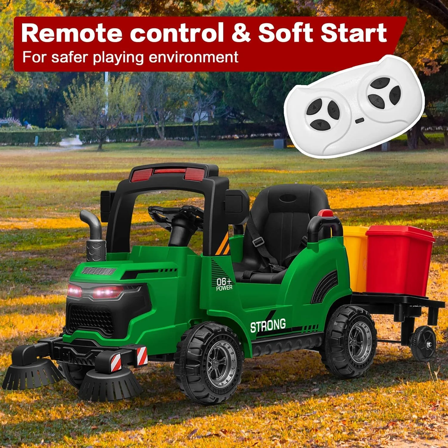 12V Kids Ride-On Construction Sweeper Truck with Trailer and Rubbish Bin Toy Car - Image 30