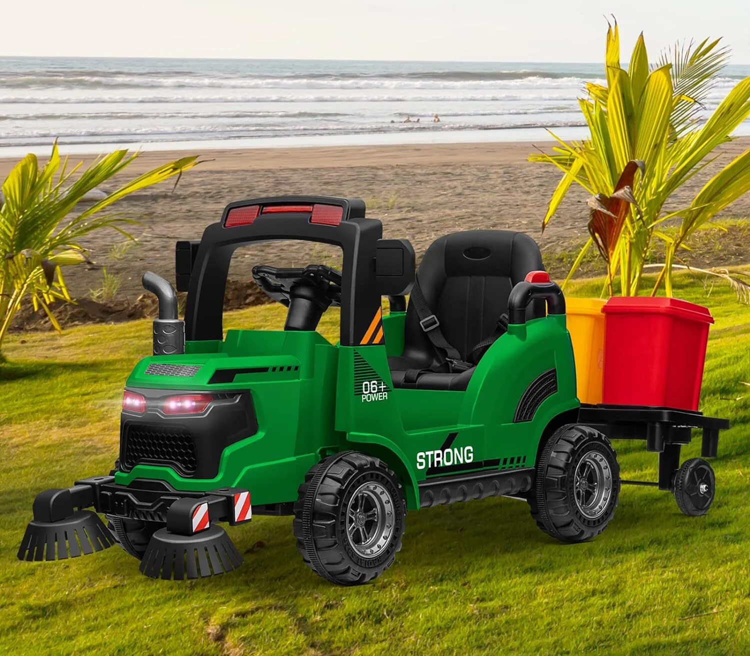 12V Kids Ride-On Construction Sweeper Truck with Trailer and Rubbish Bin Toy Car - Image 31