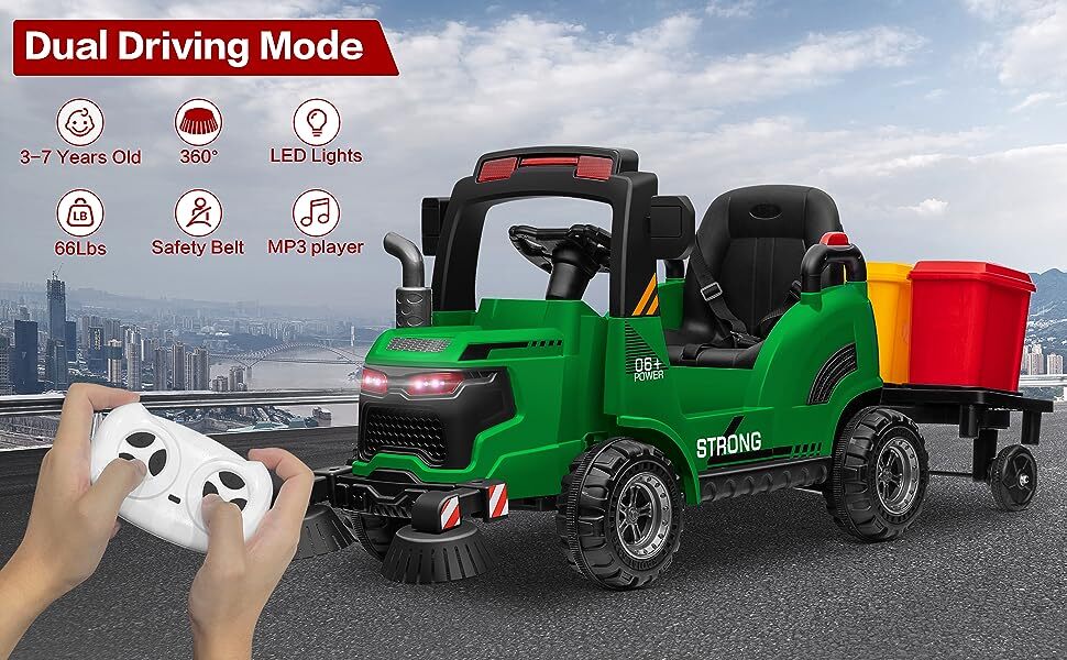 12V Kids Ride-On Construction Sweeper Truck with Trailer and Rubbish Bin Toy Car - Image 33