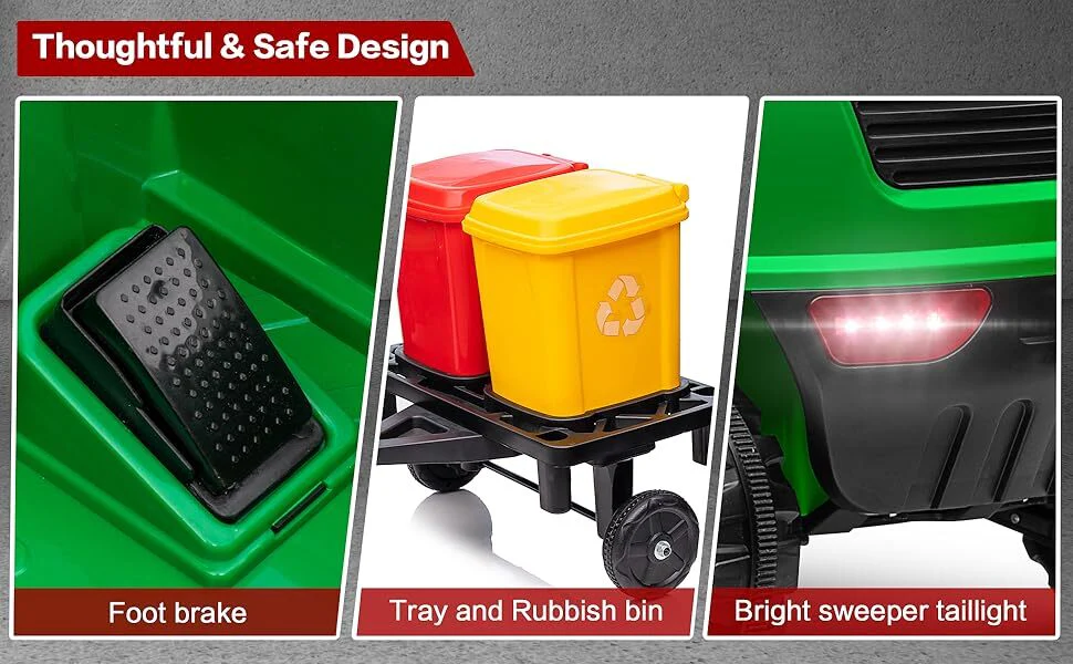 12V Kids Ride-On Construction Sweeper Truck with Trailer and Rubbish Bin Toy Car - Image 34
