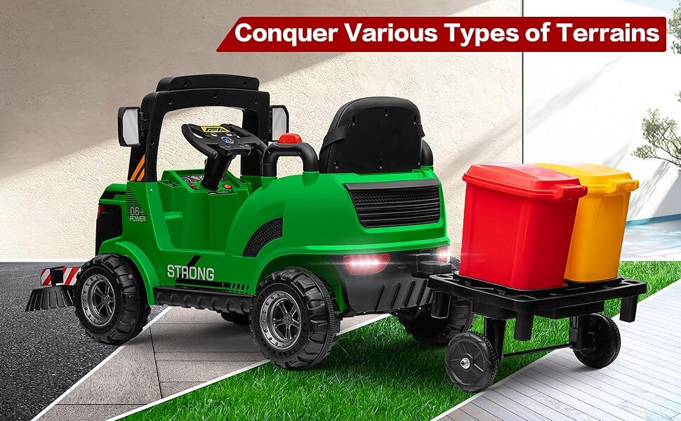 12V Kids Ride-On Construction Sweeper Truck with Trailer and Rubbish Bin Toy Car - Image 35