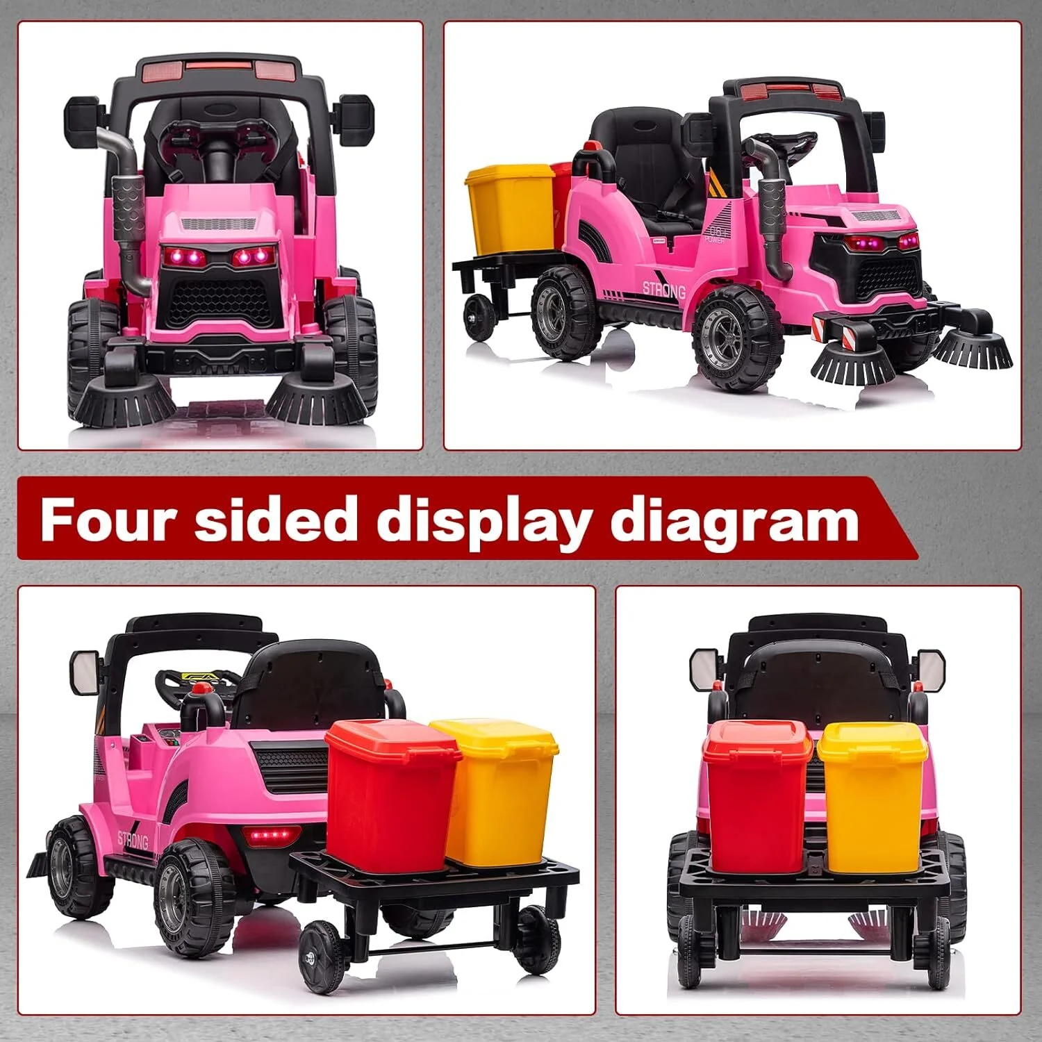 12V Kids Ride-On Construction Sweeper Truck with Trailer and Rubbish Bin Toy Car - Image 5