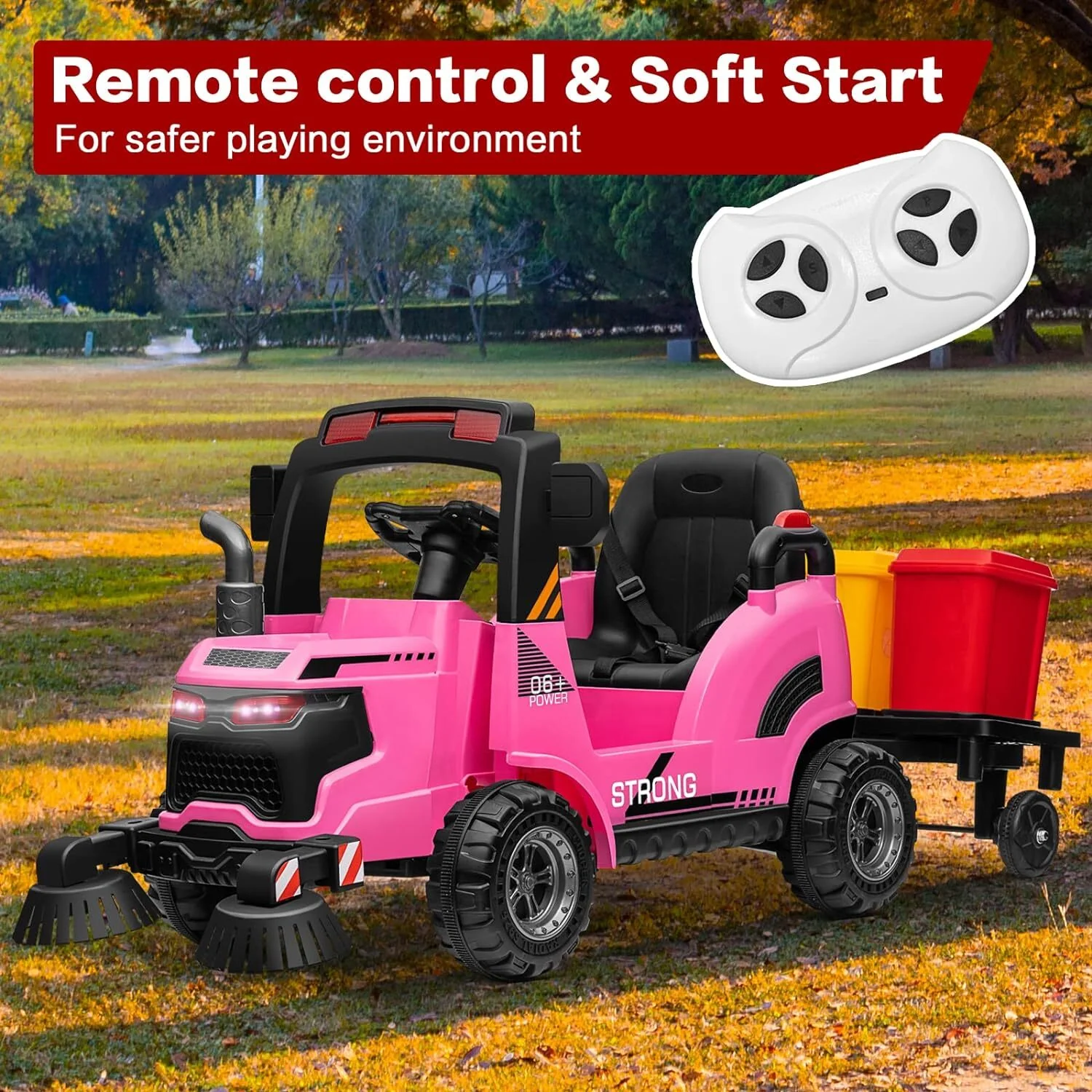 12V Kids Ride-On Construction Sweeper Truck with Trailer and Rubbish Bin Toy Car - Image 6