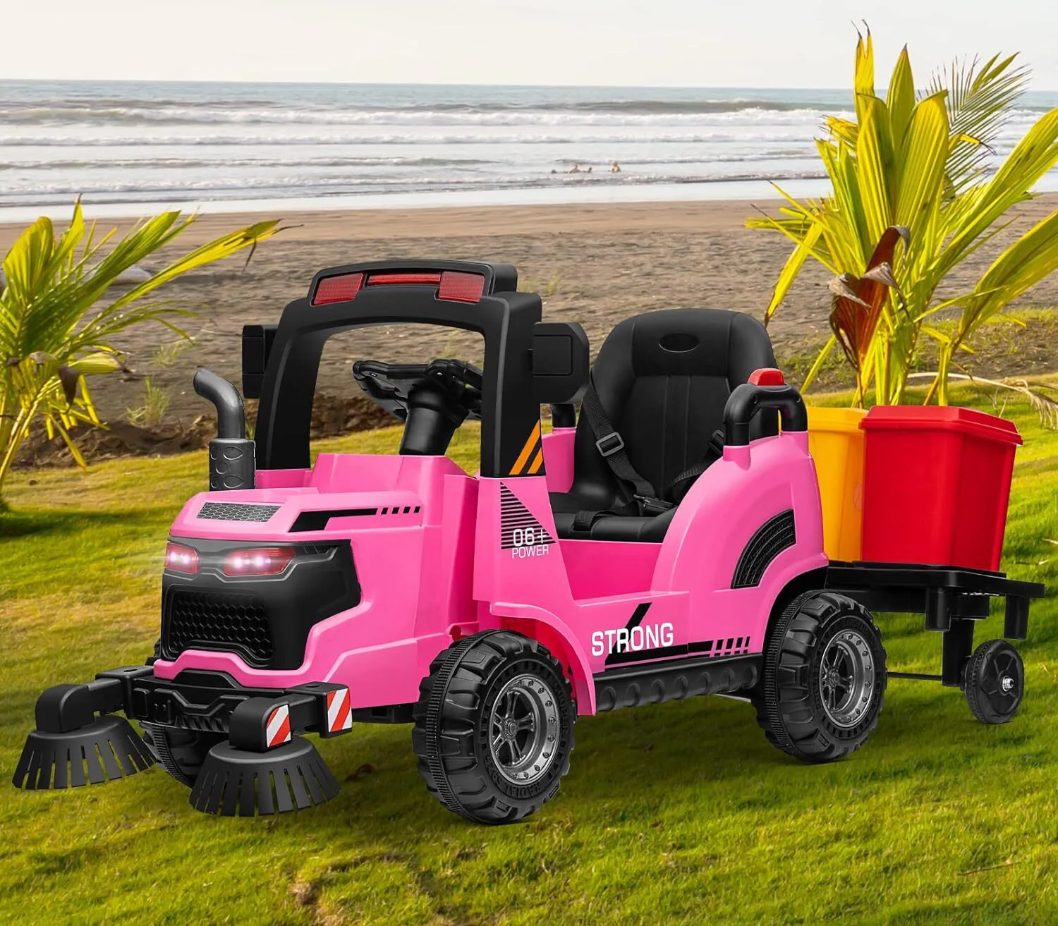 12V Kids Ride-On Construction Sweeper Truck with Trailer and Rubbish Bin Toy Car - Image 7