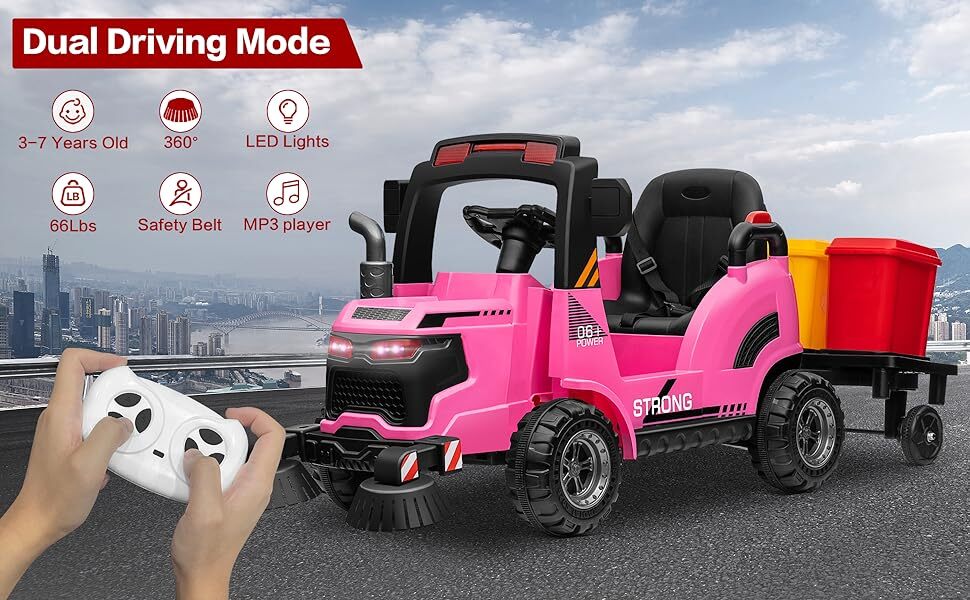 12V Kids Ride-On Construction Sweeper Truck with Trailer and Rubbish Bin Toy Car - Image 9