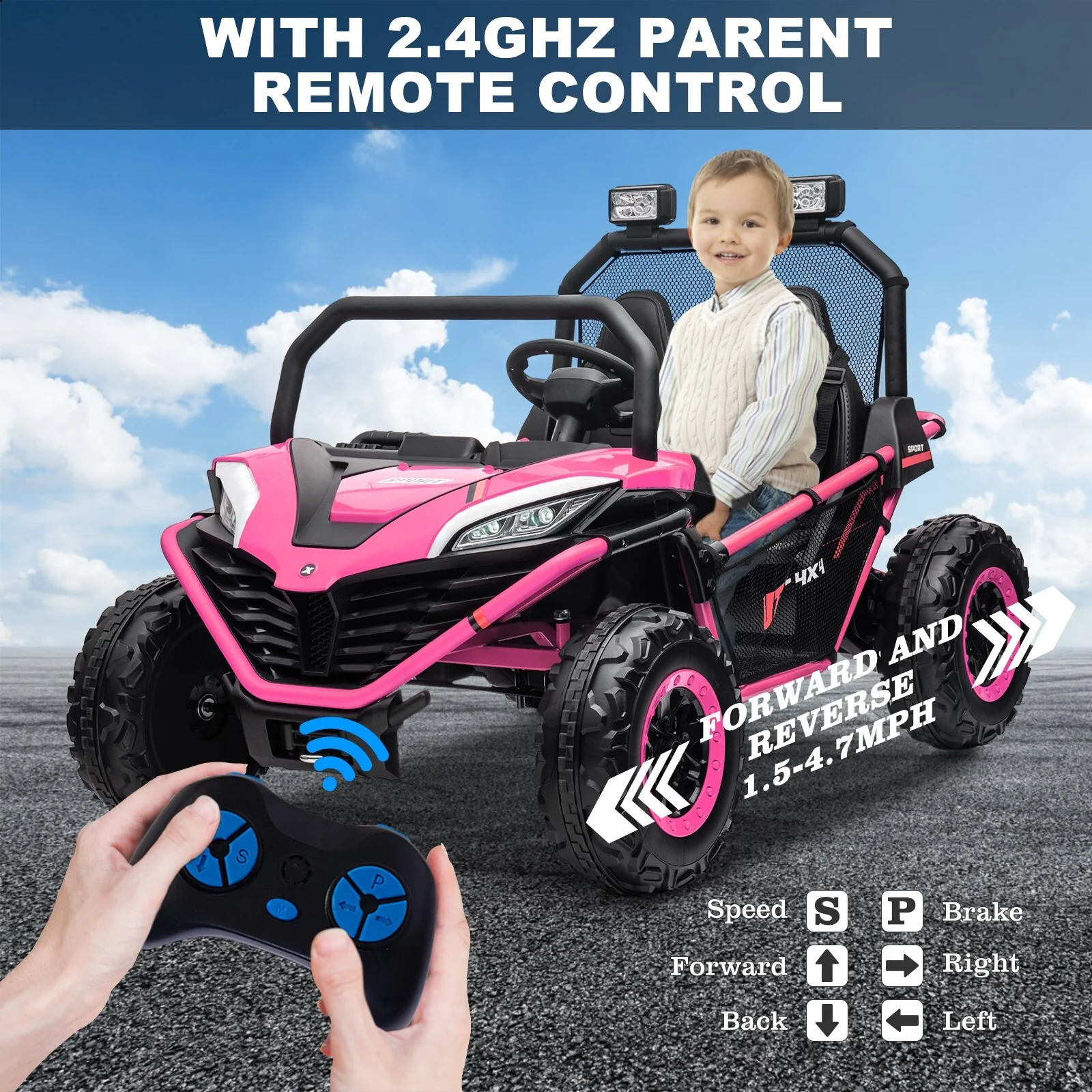 24V Kids 2-Seater Pink Ride-On UTV Toy with 400W Motor, Metal Frame, and EVA Wheels - Image 3