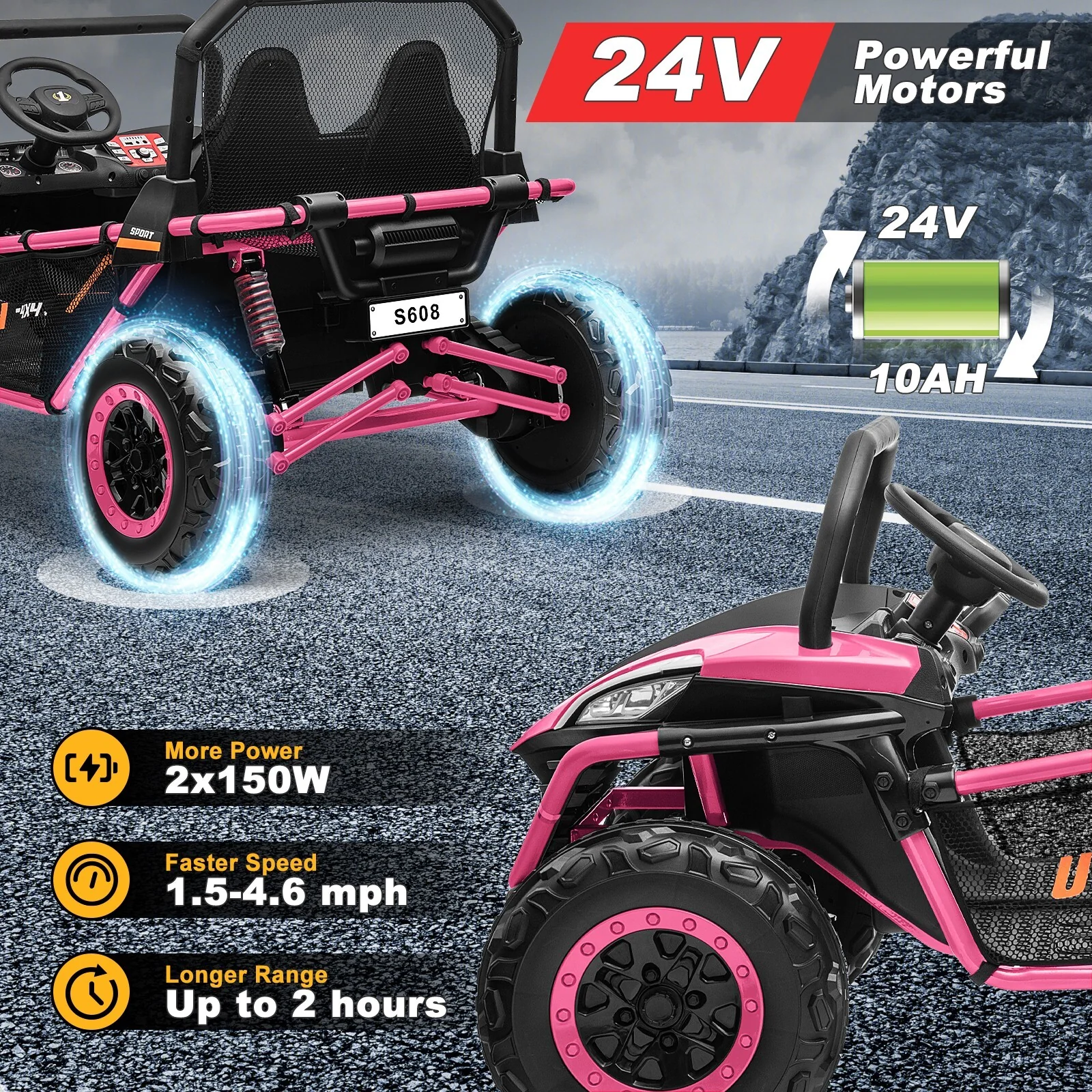 24V Kids 2-Seater Ride-On UTV Truck with 300W Motor, Remote Control, and EVA Tires - Pink - Image 2