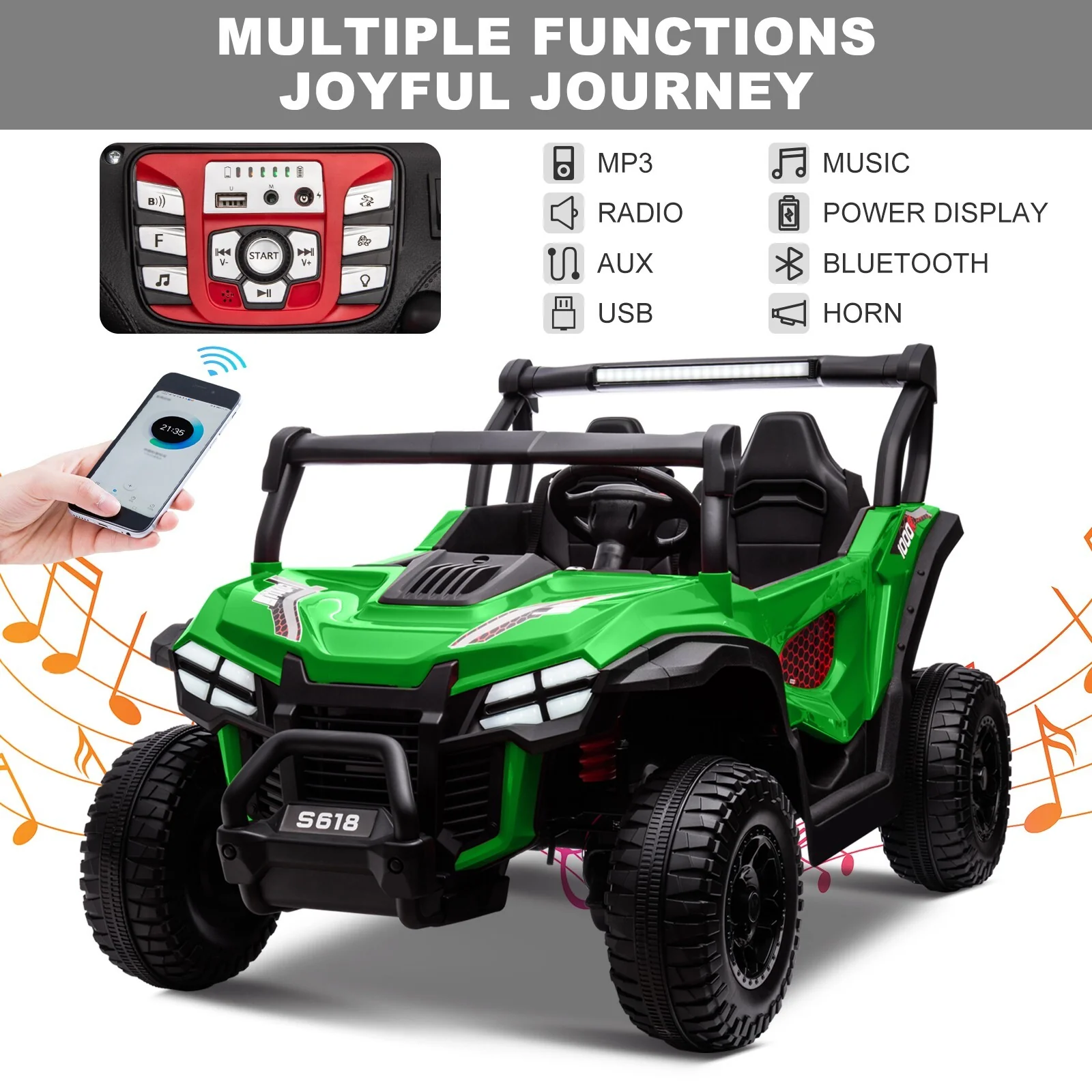 24V Kids Electric 4WD Ride-On UTV Truck, 2-Seater, Green, 80W Motor - Image 6