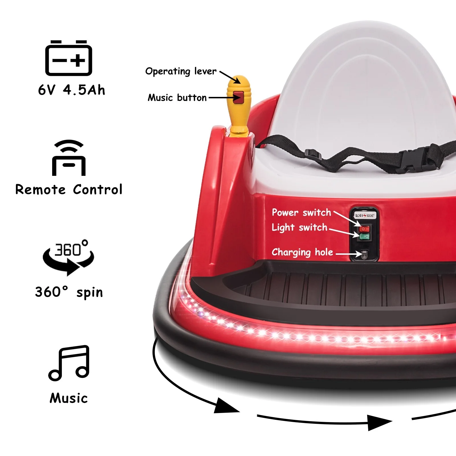 6V Electric Kids Ride-On Bumper Car with 360° Spin and Remote Control - Red Toddler Toy - Image 6