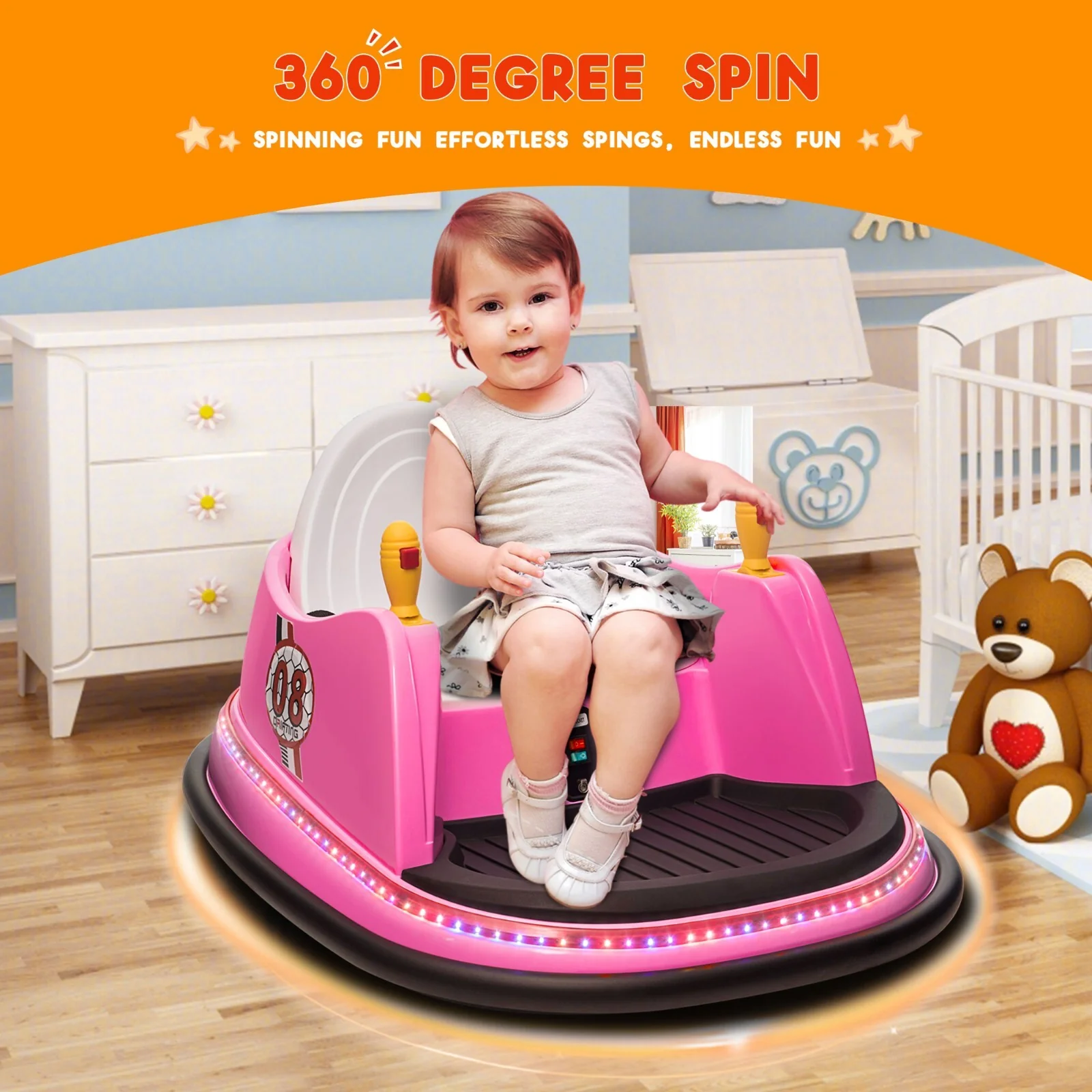 12V Kids Ride-On Bumper Car with Remote Control and 360° Spin Toddler Toy Pink - Image 2
