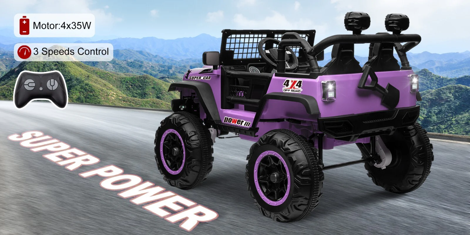 24V Electric Kids Ride-On Car with 2 Seats and 4WD/2WD Switch - Purple - Image 14