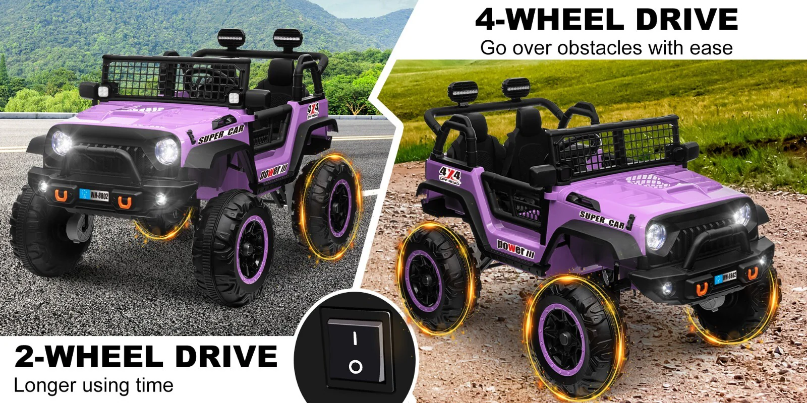 24V Electric Kids Ride-On Car with 2 Seats and 4WD/2WD Switch - Purple - Image 15