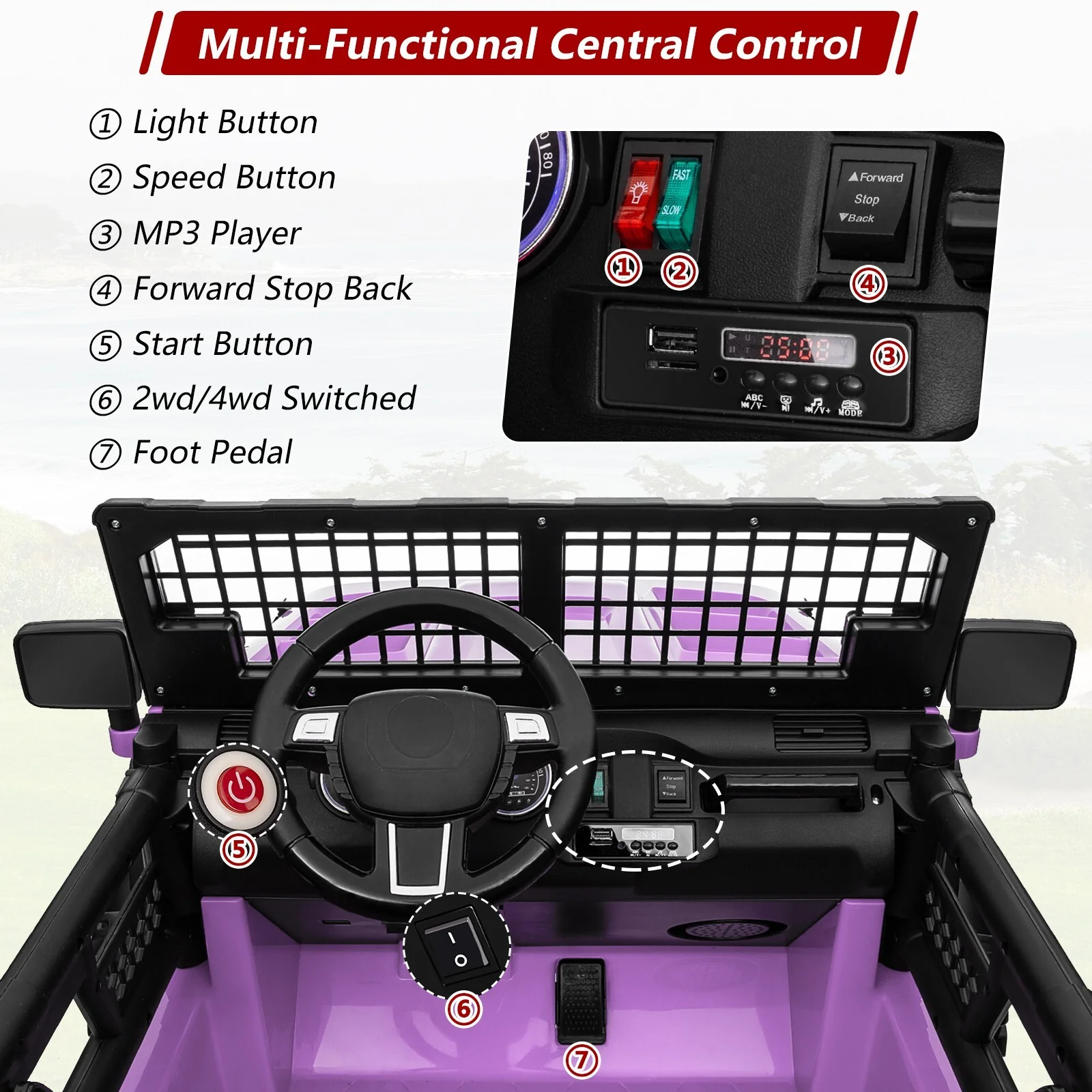 24V Kids Electric Ride-On Truck Purple 2-Seater Switchable 4WD/2WD - Image 4