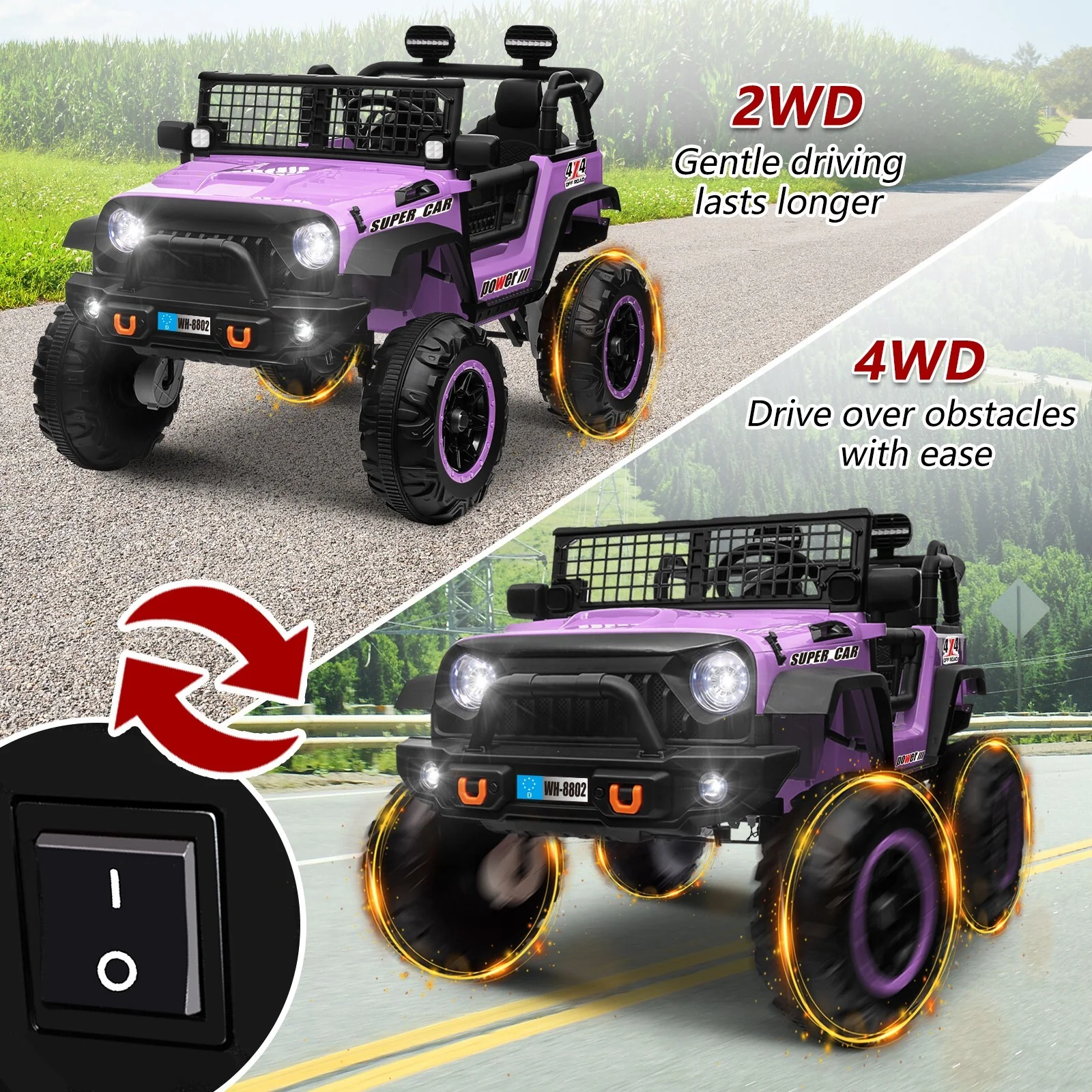 24V Kids Electric Ride-On Truck Purple 2-Seater Switchable 4WD/2WD - Image 7