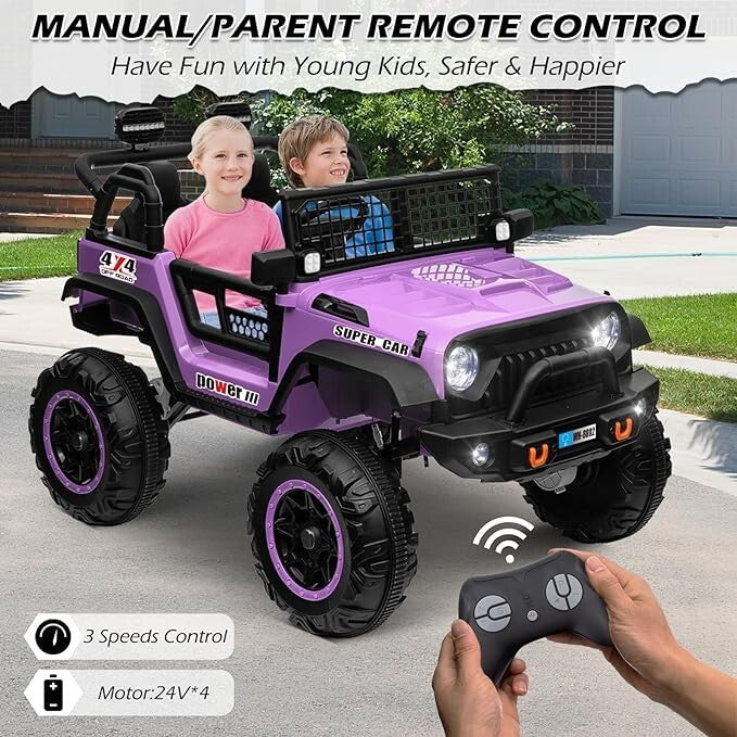 24V Kids Electric Ride-On Truck Purple 2-Seater Switchable 4WD/2WD - Image 8