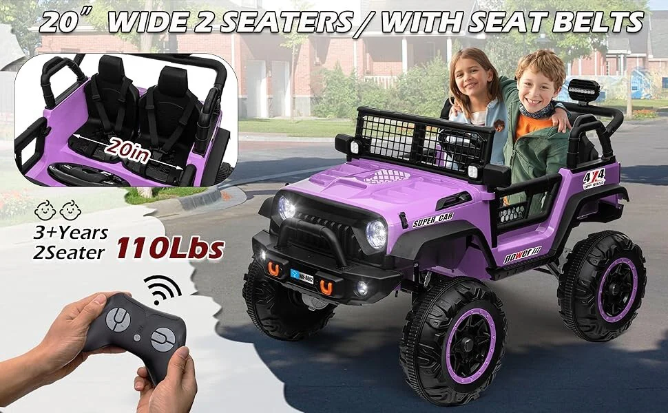 24V Kids Electric Ride-On Truck Purple 2-Seater Switchable 4WD/2WD - Image 9