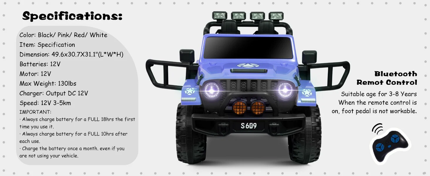 12V Electric Ride-On Jeep Truck for Kids with 2 Seats, 3 Speeds, and Remote Control, Blue - Image 16