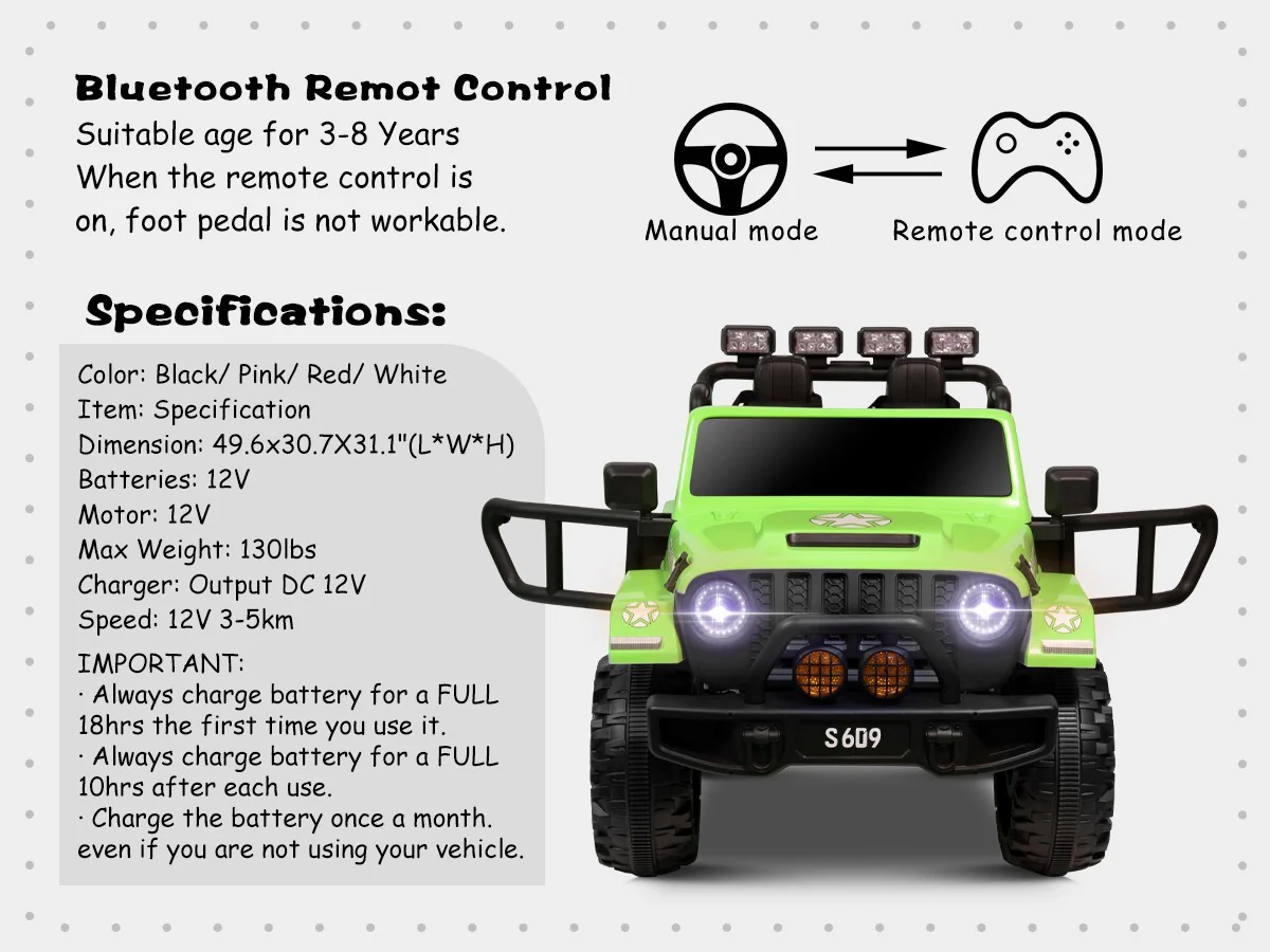 12V Electric Ride-On Jeep Truck for Kids 2-Seater with 3 Speeds Green - Image 11