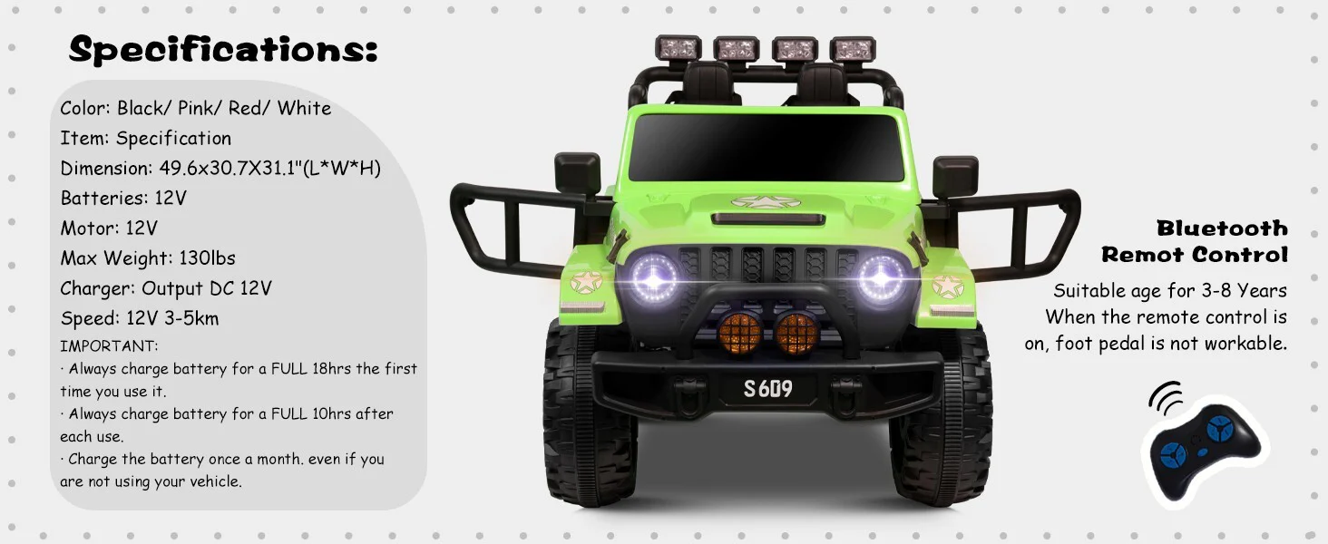 12V Electric Ride-On Jeep Truck for Kids 2-Seater with 3 Speeds Green - Image 15