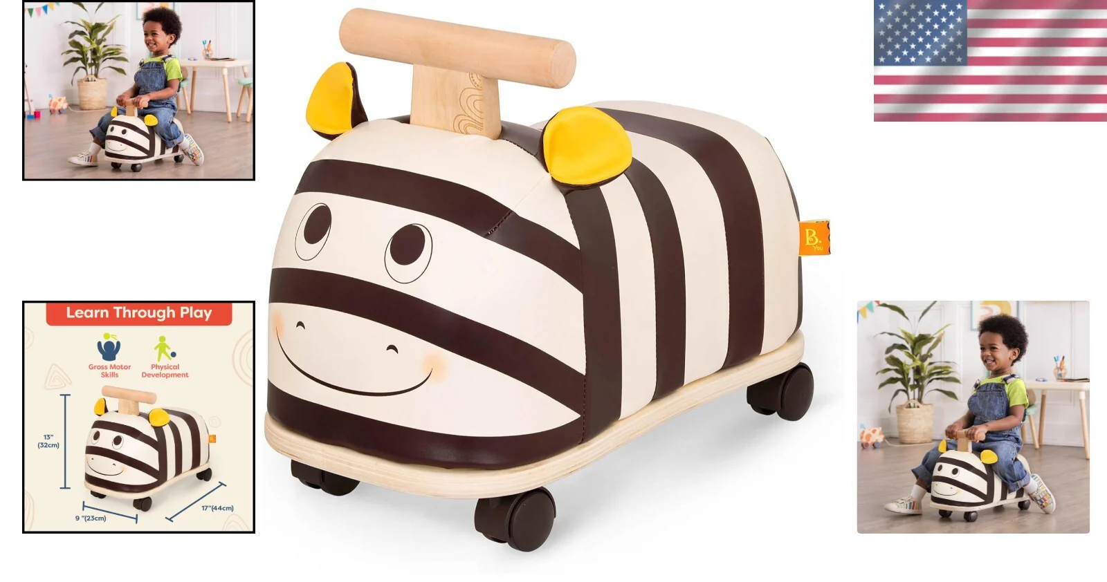 Zebra Wooden Ride-On Toy for Toddlers with Soft Seat and No Assembly Required - Image 2