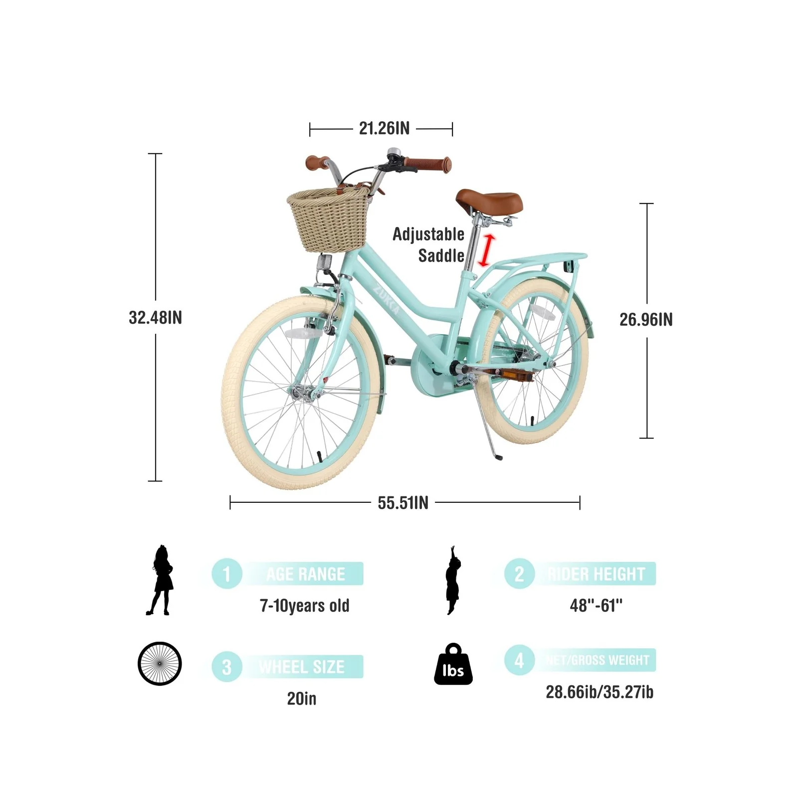 Kids 20/24 Inch Girls Cruiser Bike with Basket Single Speed - Image 3
