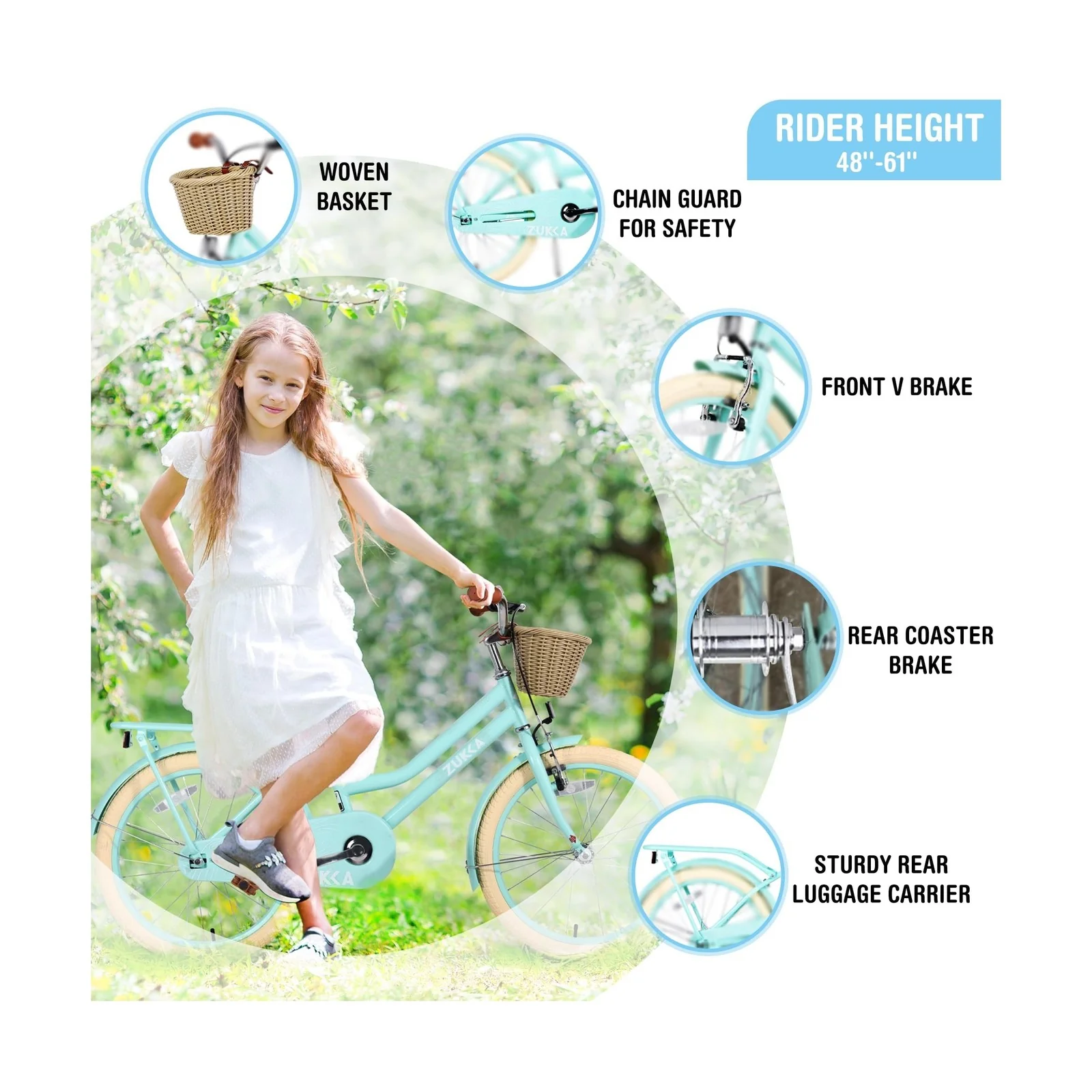 Kids 20/24 Inch Girls Cruiser Bike with Basket Single Speed - Image 4